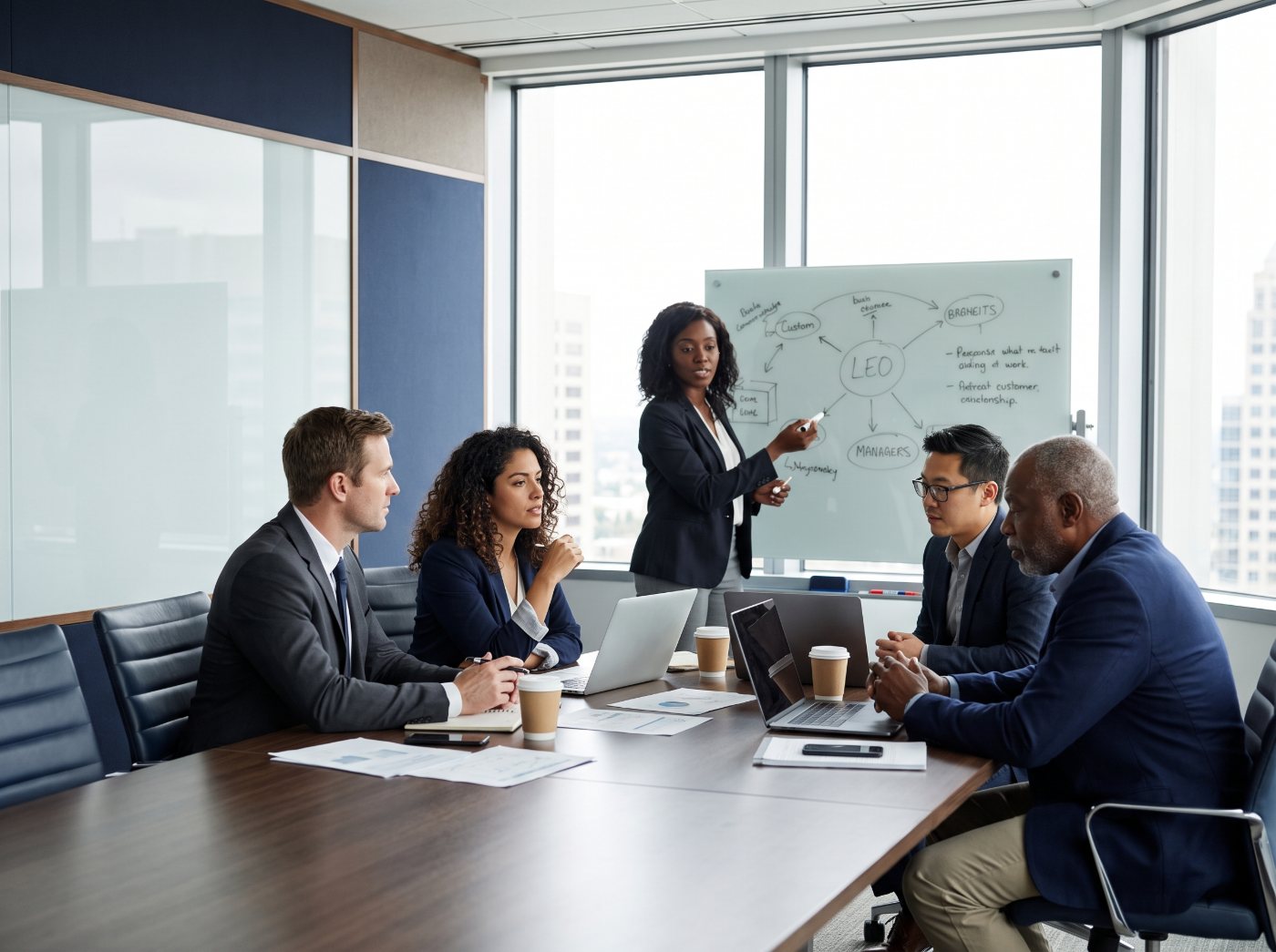 An executive leadership team working through a problem around a conference table